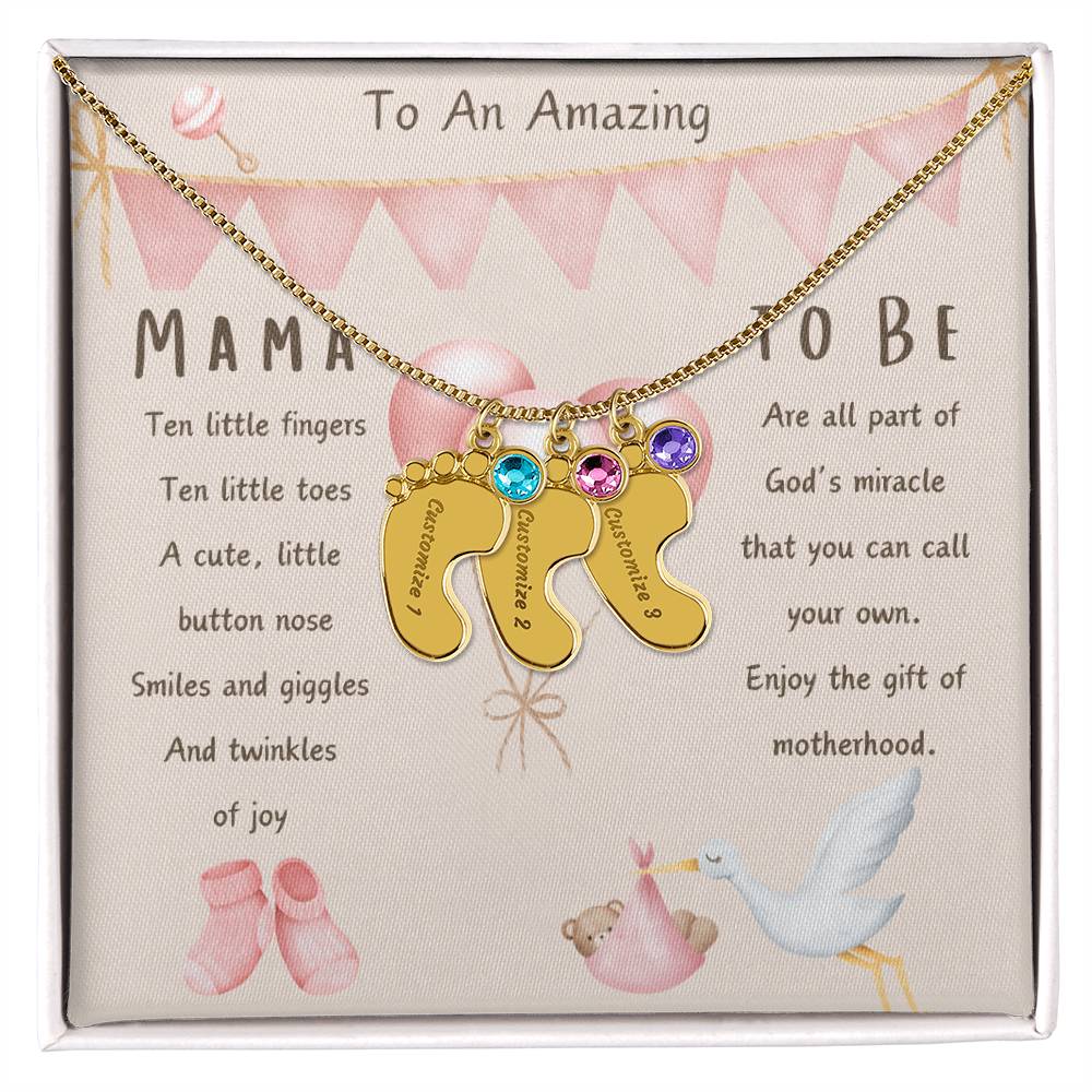 Mama To Be Engraved Baby Girl Feet with Birthstones
