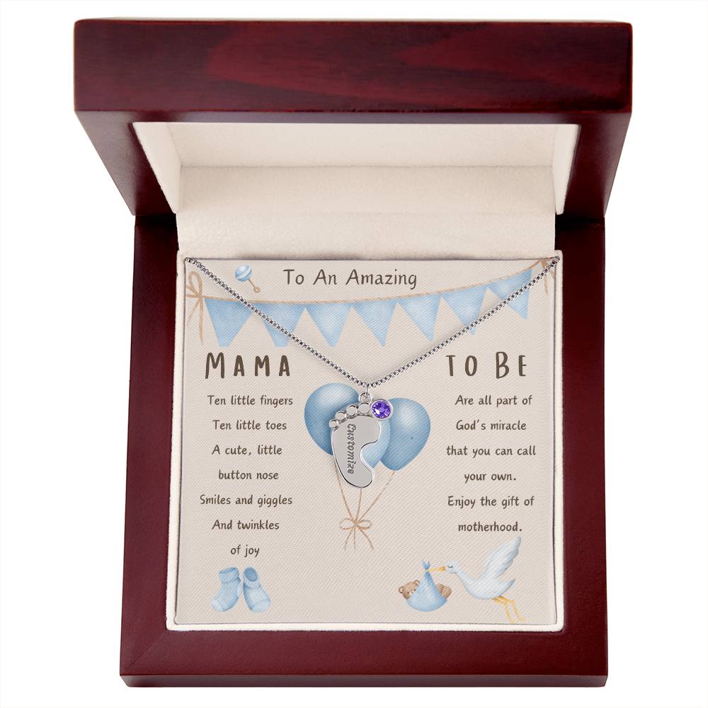 Mama To Be Engraved Baby Boy Feet with Birthstones