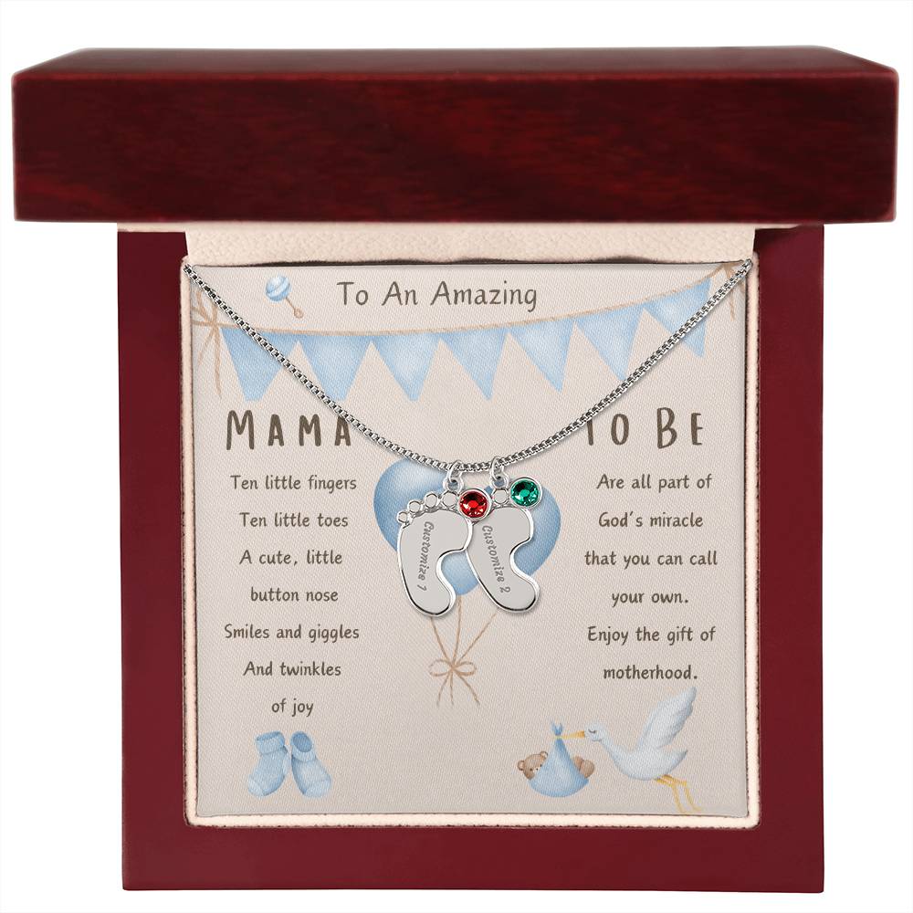 Mama To Be Engraved Baby Boy Feet with Birthstones