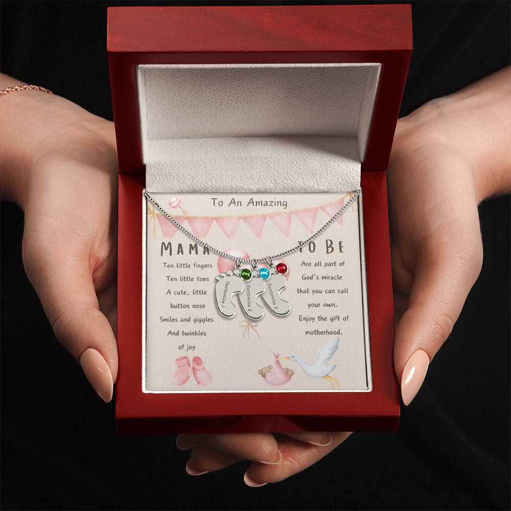 Mama To Be Engraved Baby Girl Feet with Birthstones