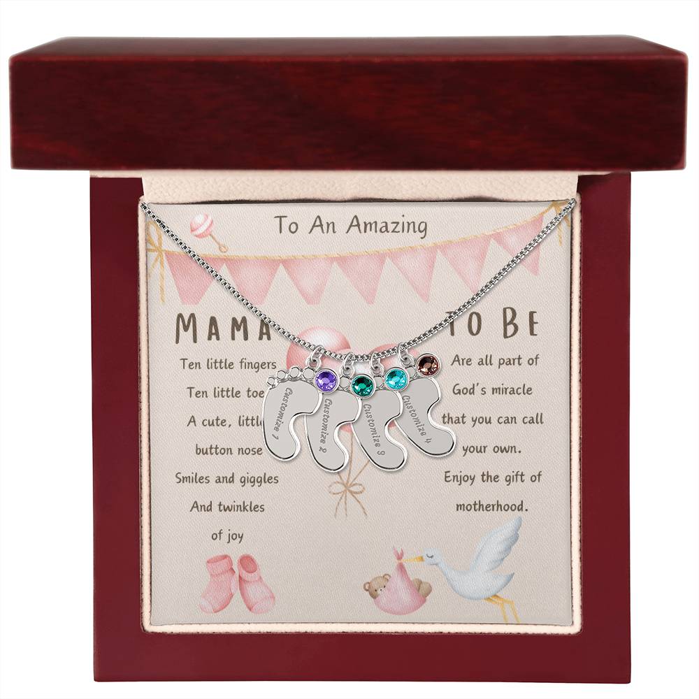 Mama To Be Engraved Baby Girl Feet with Birthstones