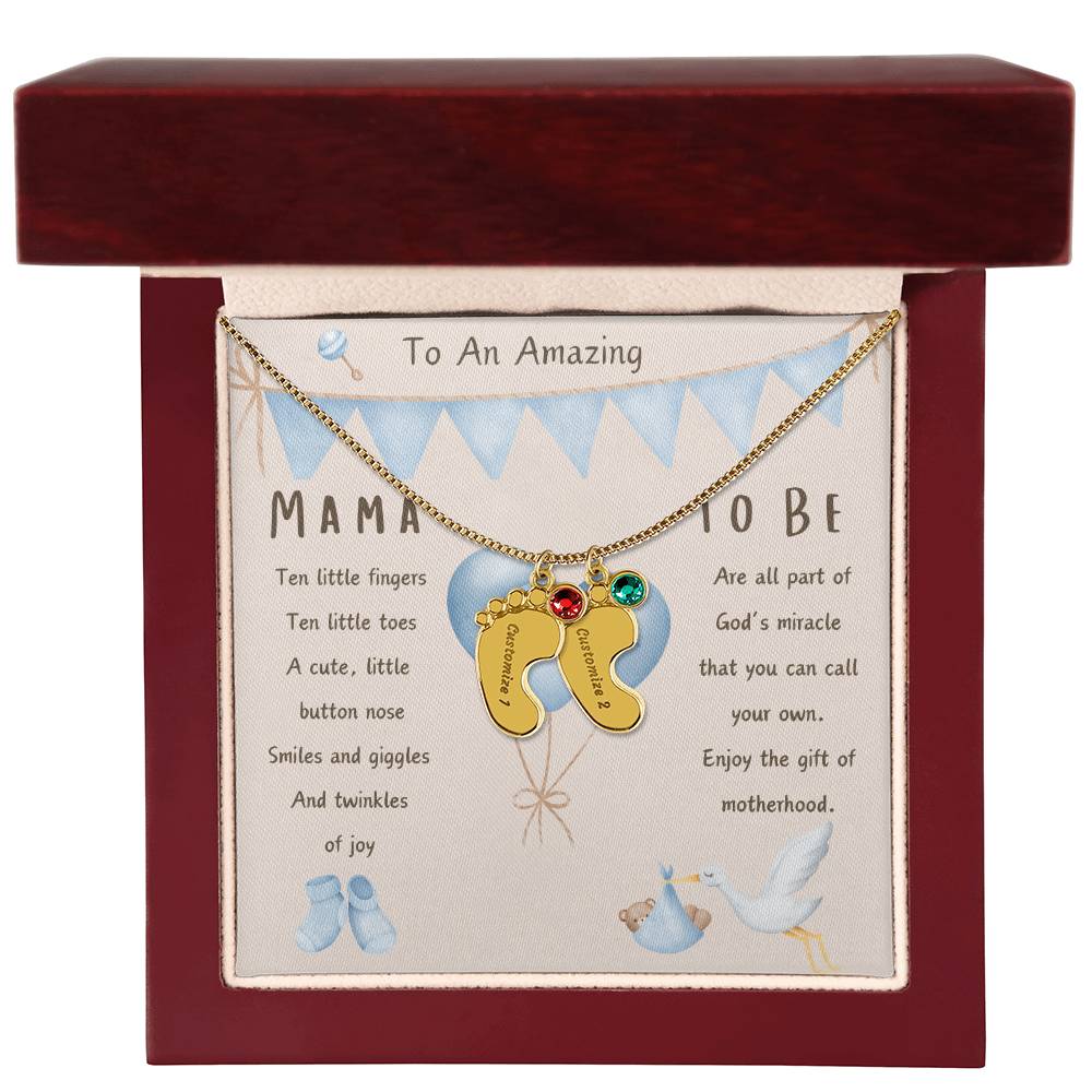 Mama To Be Engraved Baby Boy Feet with Birthstones