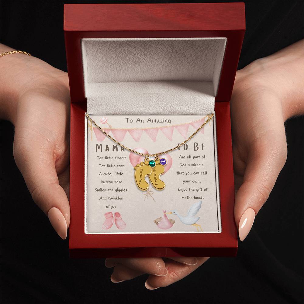 Mama To Be Engraved Baby Girl Feet with Birthstones