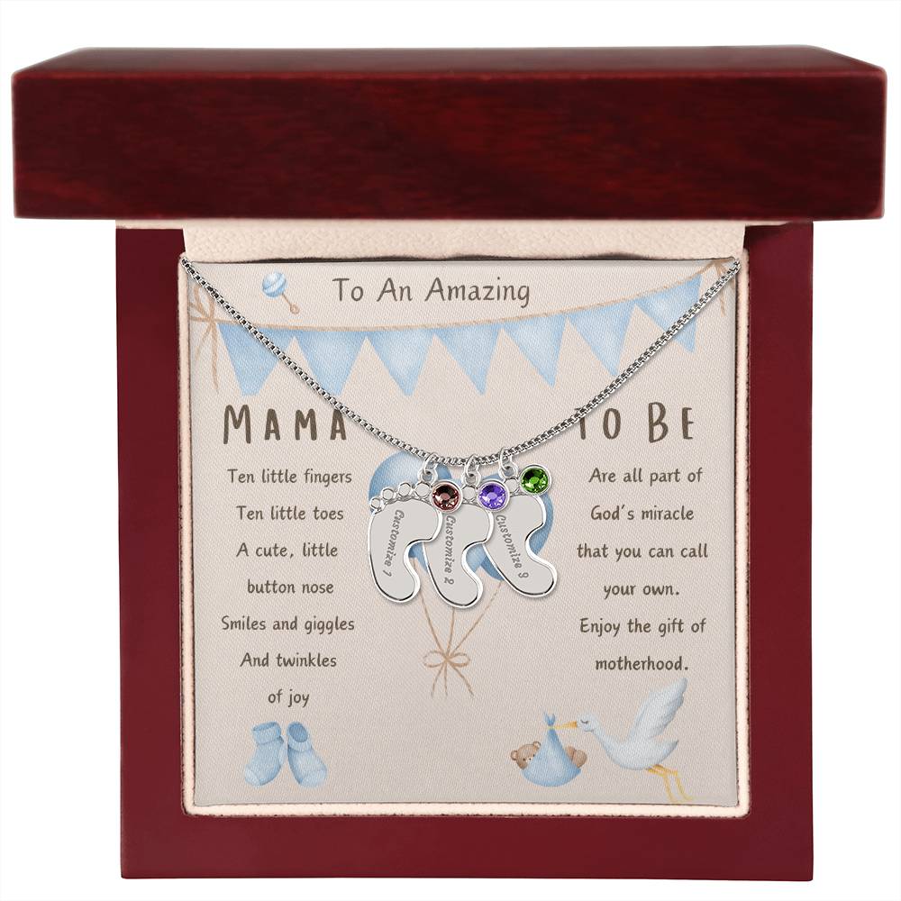 Mama To Be Engraved Baby Boy Feet with Birthstones