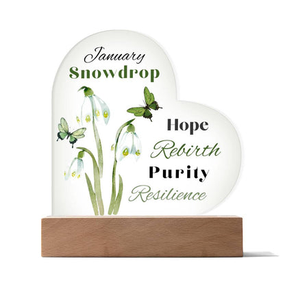 January Snowdrop Birth Flower Heart Acrylic