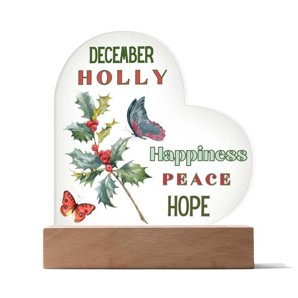 December Holly Birth Flower Heart Acrylic