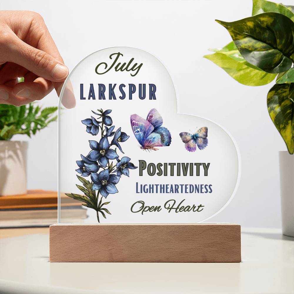 July Larkspur Birth Flower Heart Acrylic (A)