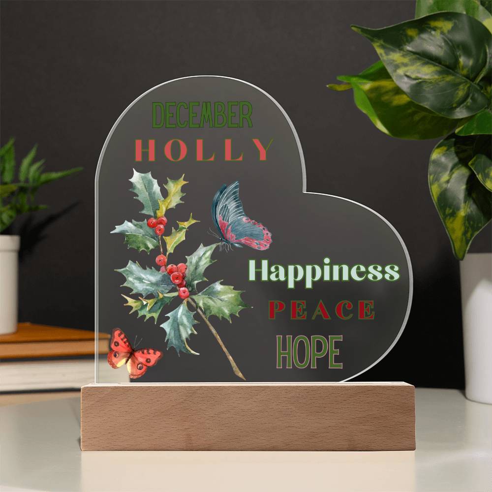 December Holly Birth Flower Heart Acrylic