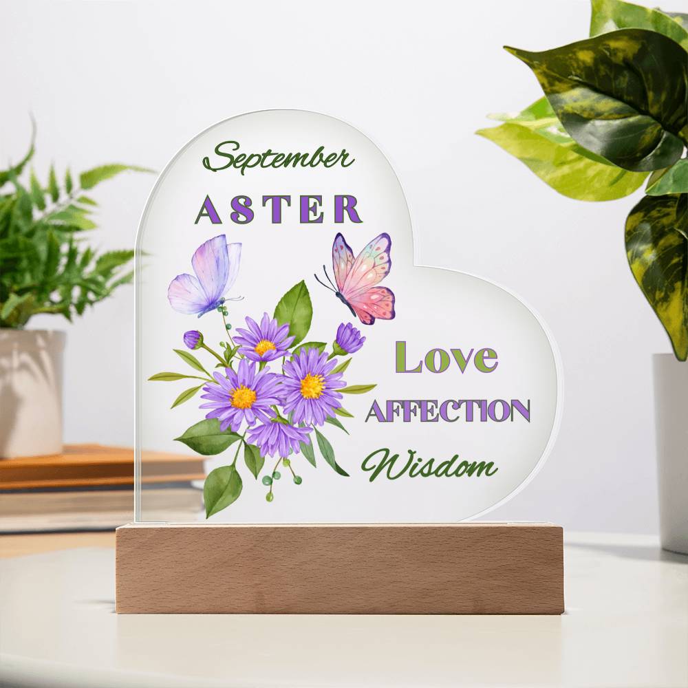 September Aster Birth Flower Heart Acrylic