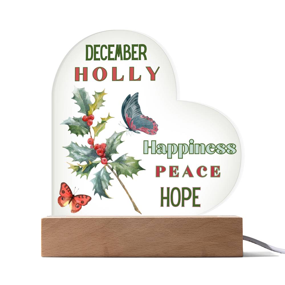 December Holly Birth Flower Heart Acrylic