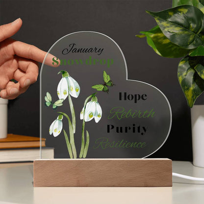 January Snowdrop Birth Flower Heart Acrylic