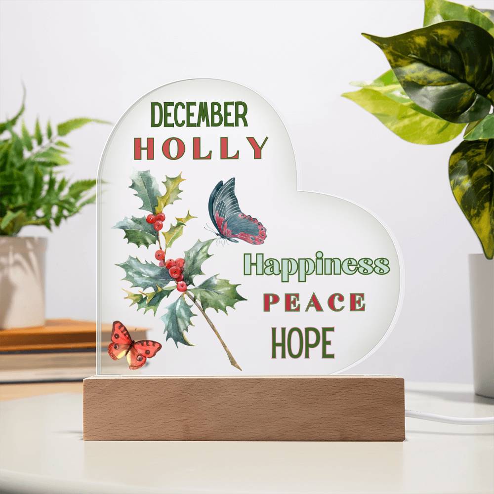 December Holly Birth Flower Heart Acrylic