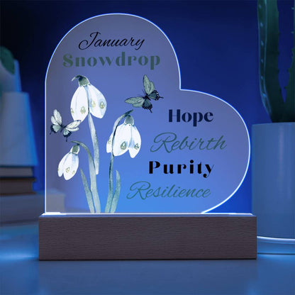 January Snowdrop Birth Flower Heart Acrylic