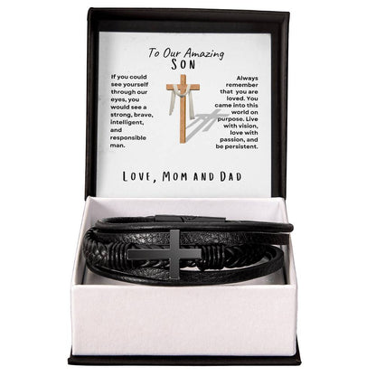 My Son Men's Cross Bracelet, Love Mom and Dad