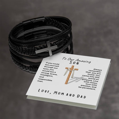 My Son Men's Cross Bracelet, Love Mom and Dad