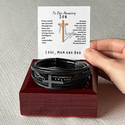 My Son Men's Cross Bracelet, Love Mom and Dad