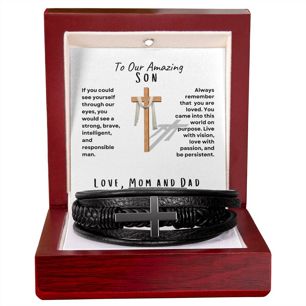 My Son Men's Cross Bracelet, Love Mom and Dad