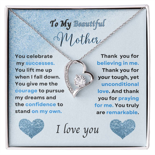To My Beautiful Mother (Blue) Forever Love Necklace (Choose Standard Black Box or Wooden Box with LED)