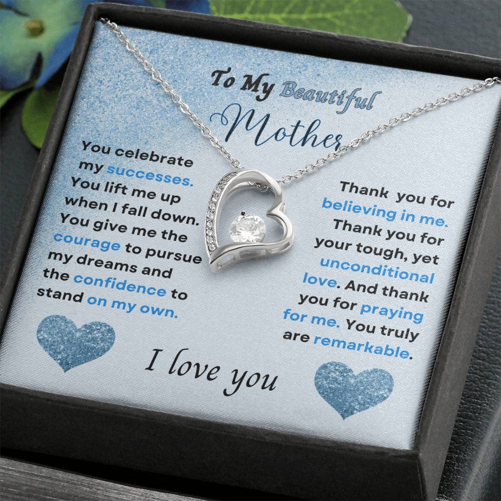 To My Beautiful Mother (Blue) Forever Love Necklace (Choose Standard Black Box or Wooden Box with LED)