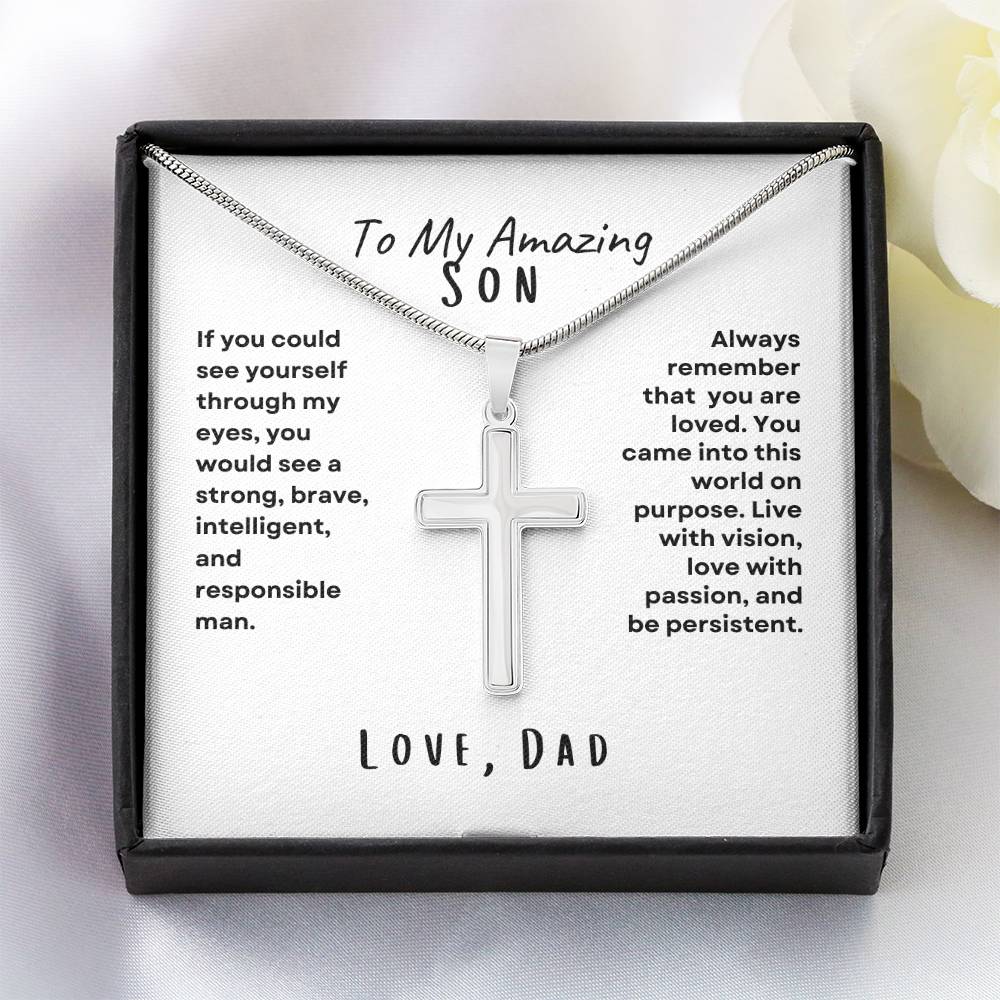 To My Amazing Son; Love, Dad Cross Necklace