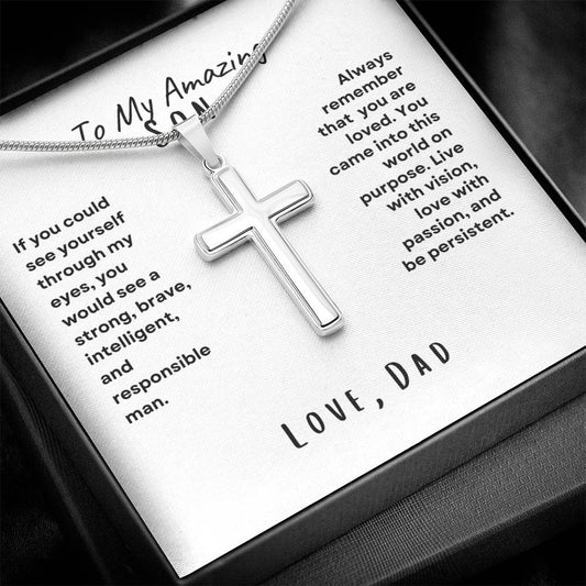 To My Amazing Son; Love, Dad Cross Necklace